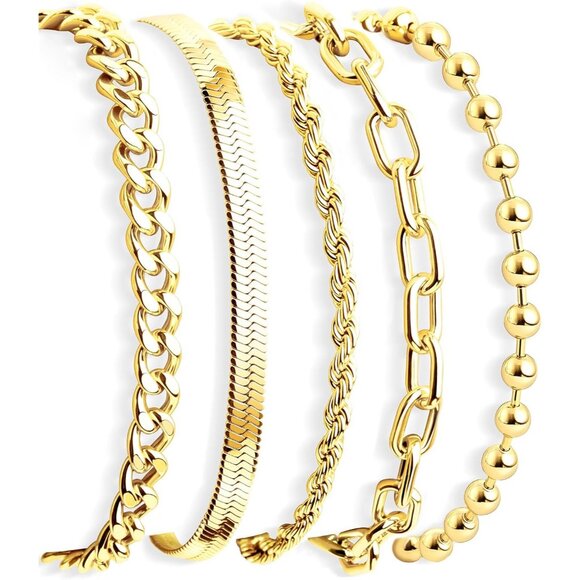 Gold Bracelets for Women Non-Tarnish Dainty Chunky Stackable Cuff Bangle Jewelry - Picture 1 of 8